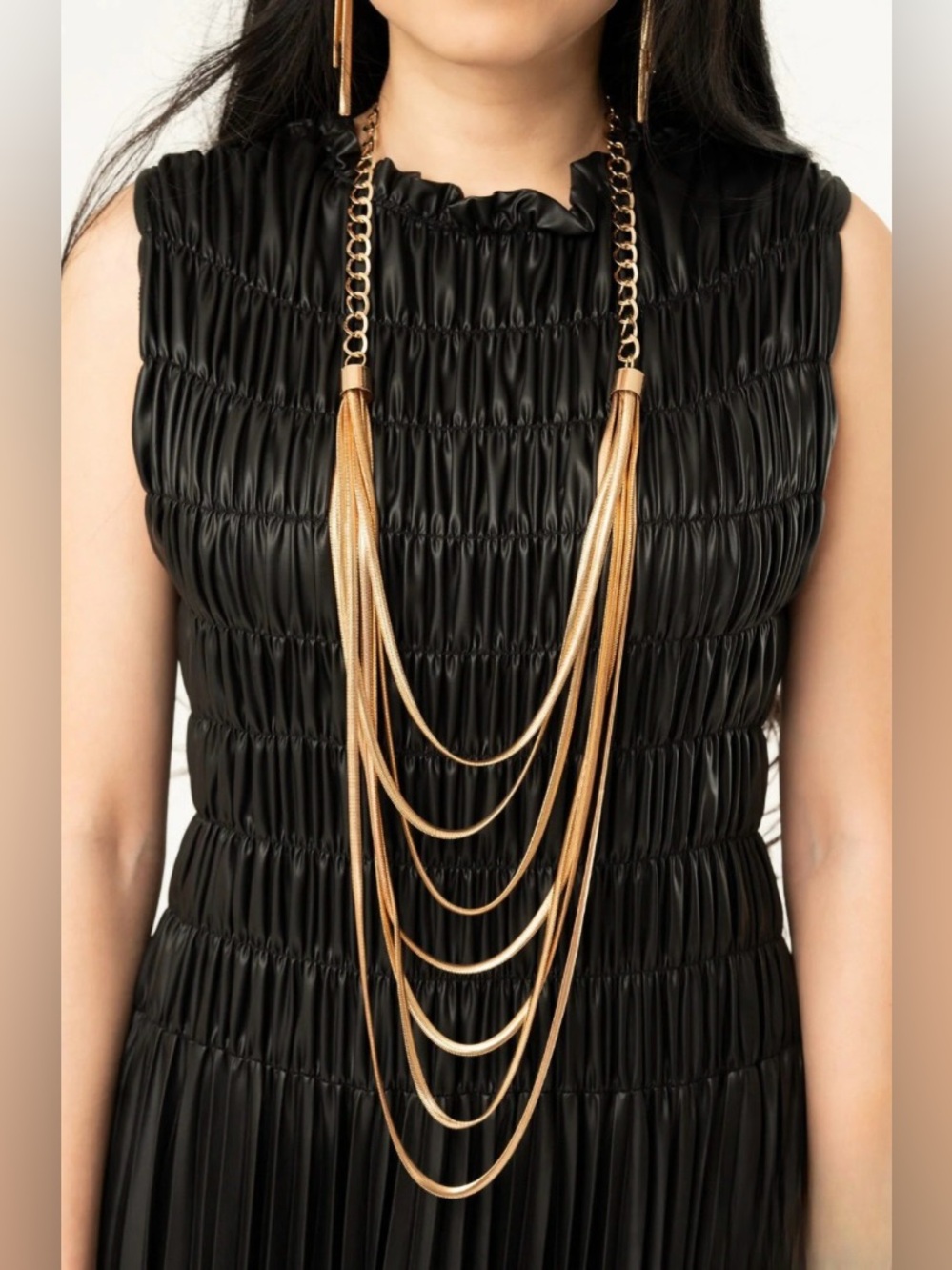 Gold Multi-Strand Chain Tassel Necklace & Earrings Set